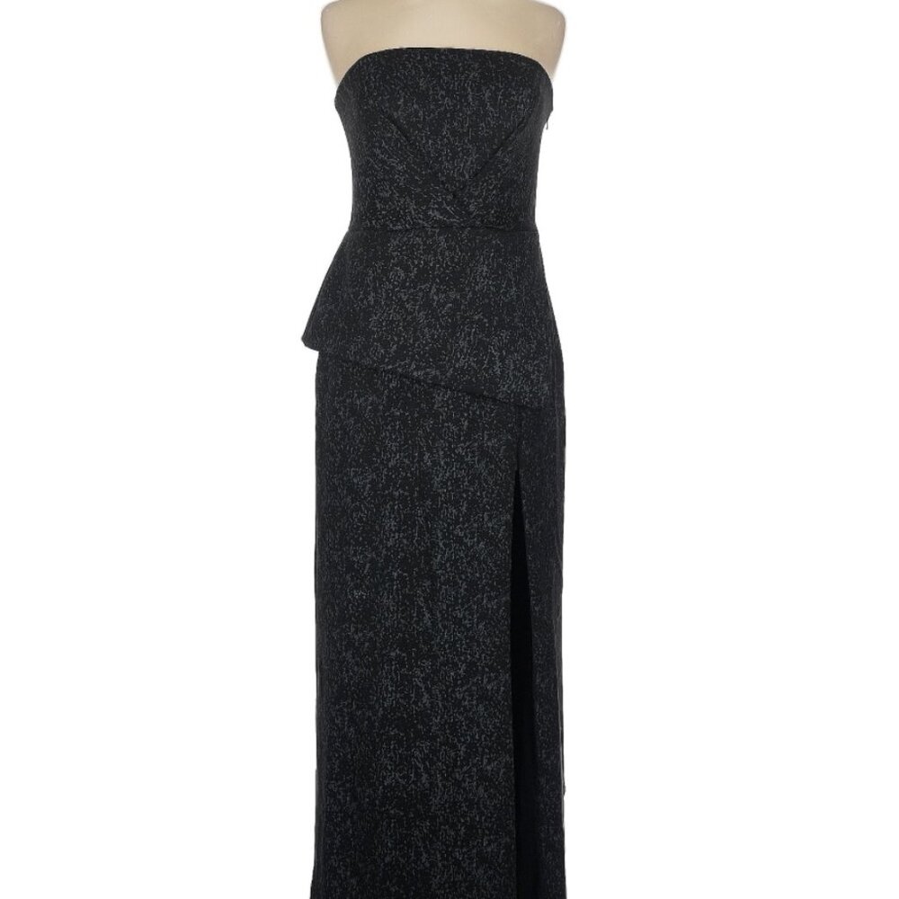 Black Halo Eve Black and Grey Marble Strapless Peplum High Slit Gown Sz. 6 *EUC